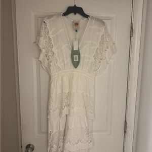 FARM Rio White Lace-Trim Midi Dress
